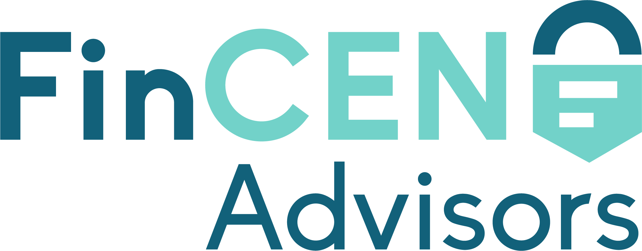 Logo of fincen advisors featuring stylized text and a geometric icon in shades of teal and blue on a dark green default kit background.