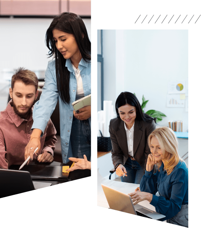 Two images of office workers; one shows a man and a woman collaborating at a desk, likely discussing FAQs for Fincen CTA Filing, and the other features two women discussing something on a tablet.